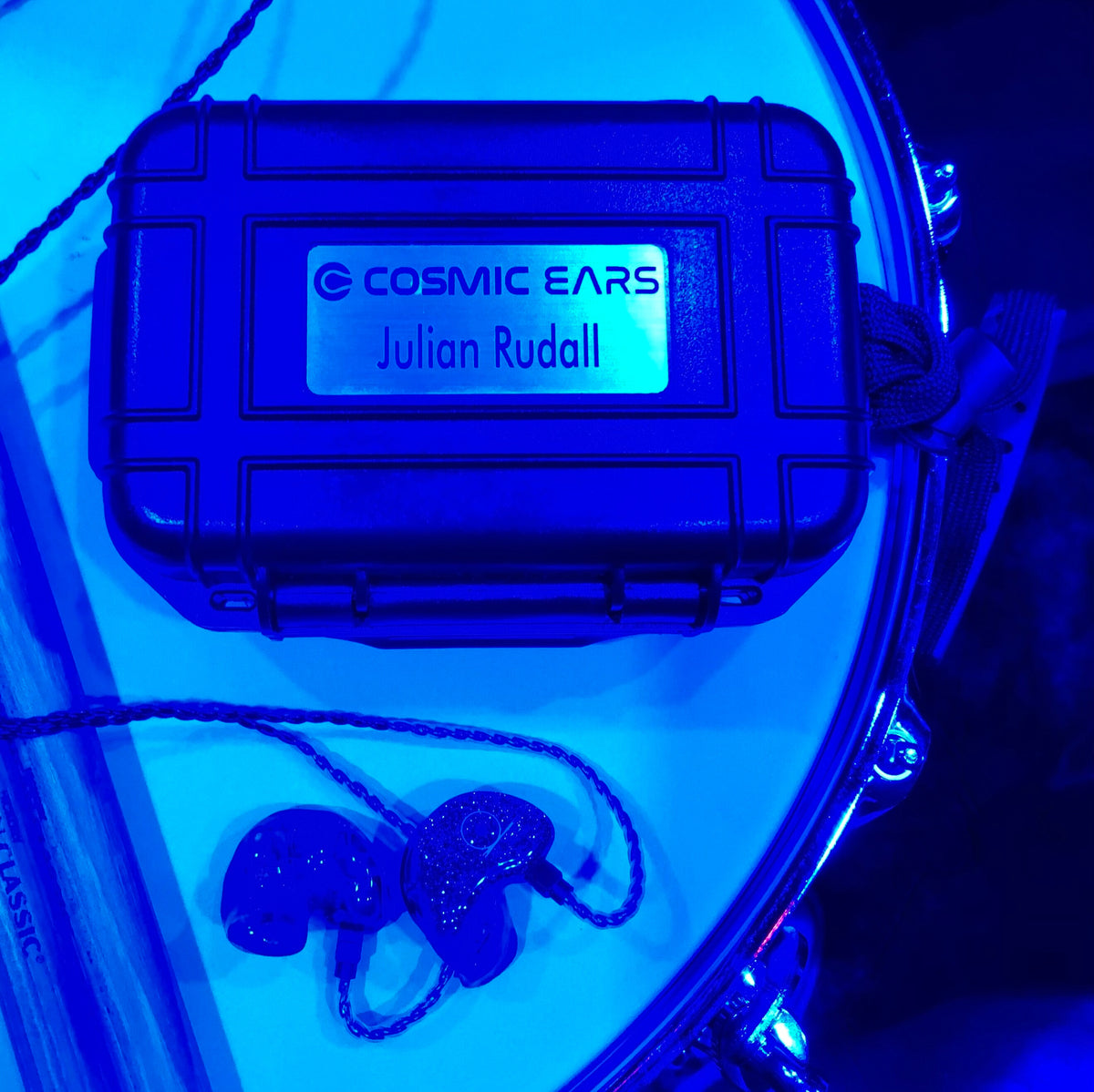 Cosmic Ears Shimmer Faceplates for Julian Rudall in protect case